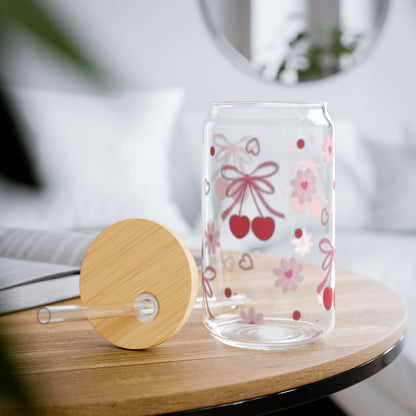 Cherry, Heart and Bows 16oz Glass Tumbler with Lid and Straw