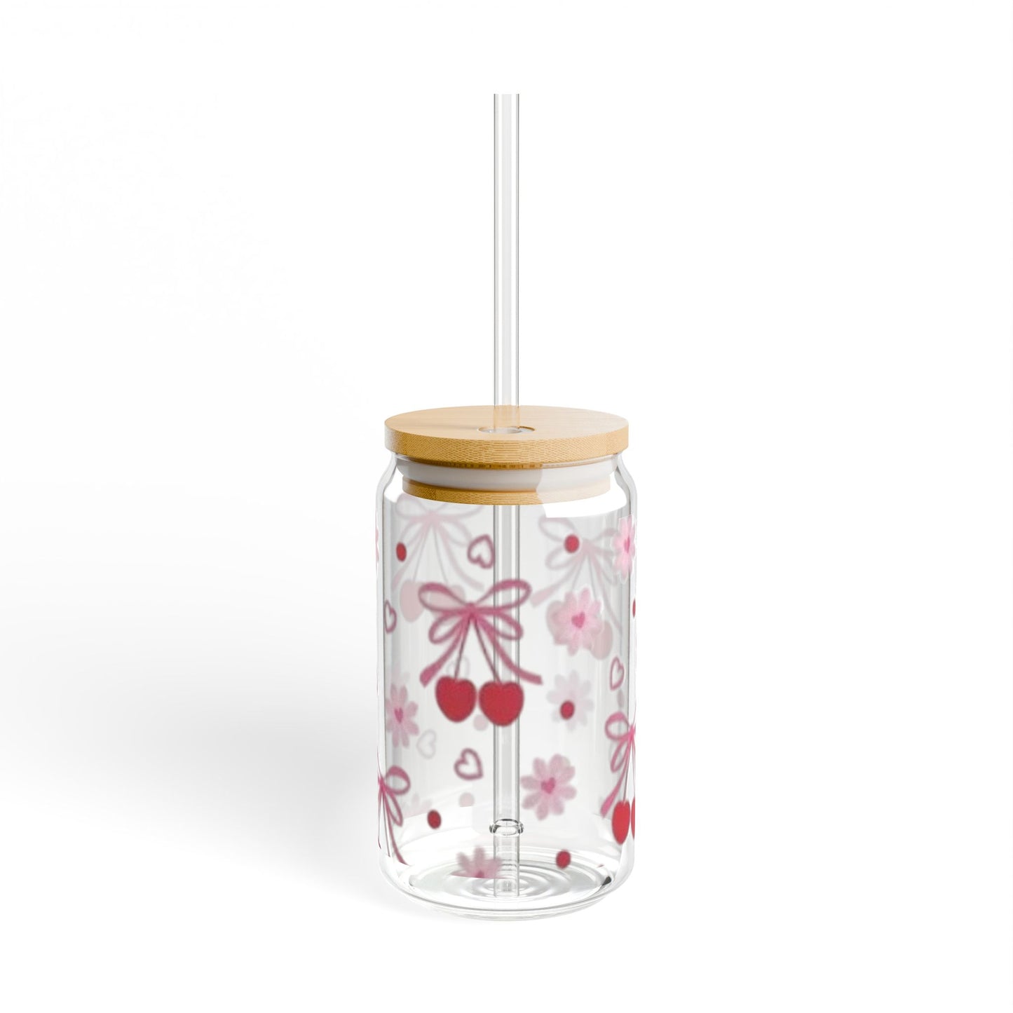 Cherry, Heart and Bows 16oz Glass Tumbler with Lid and Straw