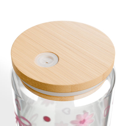 Cherry, Heart and Bows 16oz Glass Tumbler with Lid and Straw