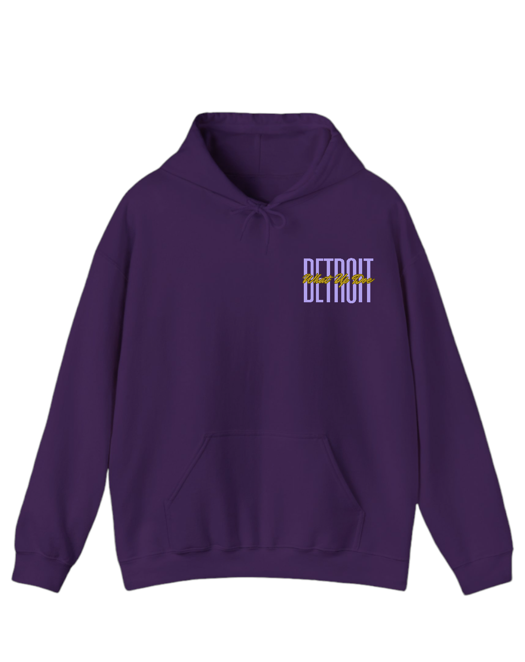 A purple pullover hoodie with 'DETROIT' text on the front and a small graphic logo on the left side.