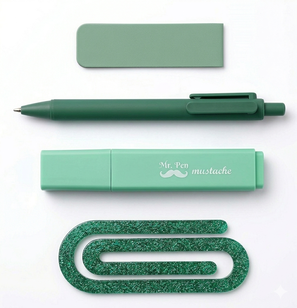 Aesthetic Pastel Stationery Bundle - 4-Piece Minimalist Study Set (Pen, Highlighter, Magnetic Bookmark, Acrylic Paper Clip)