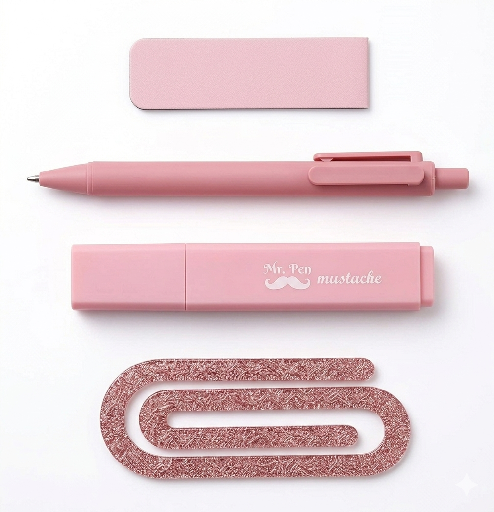 Aesthetic Pastel Stationery Bundle - 4-Piece Minimalist Study Set (Pen, Highlighter, Magnetic Bookmark, Acrylic Paper Clip)