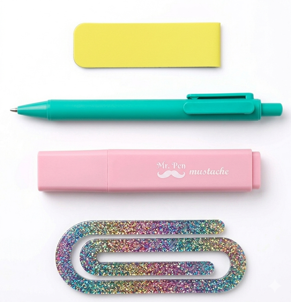 Aesthetic Pastel Stationery Bundle - 4-Piece Minimalist Study Set (Pen, Highlighter, Magnetic Bookmark, Acrylic Paper Clip)