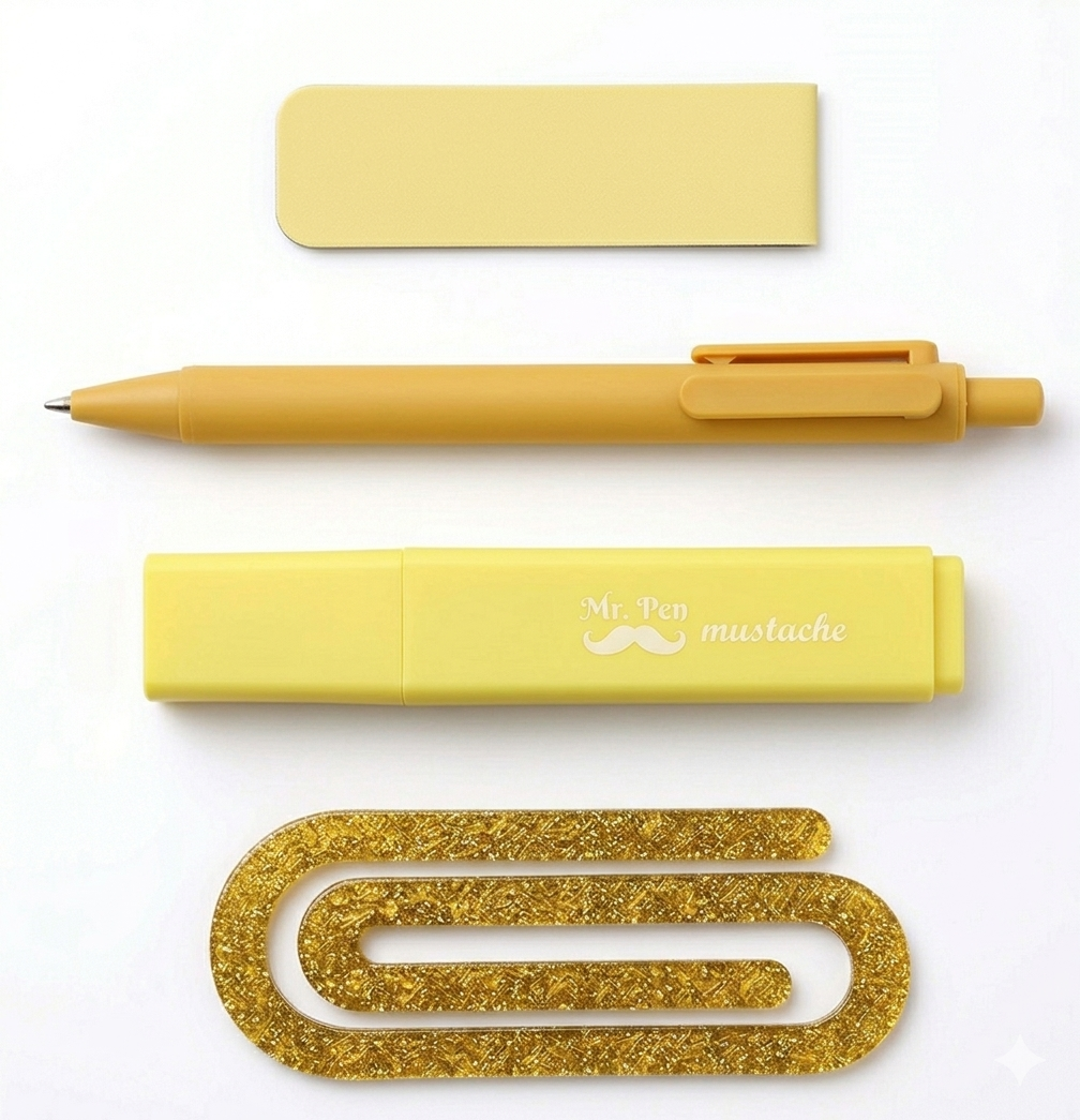Aesthetic Pastel Stationery Bundle - 4-Piece Minimalist Study Set (Pen, Highlighter, Magnetic Bookmark, Acrylic Paper Clip)