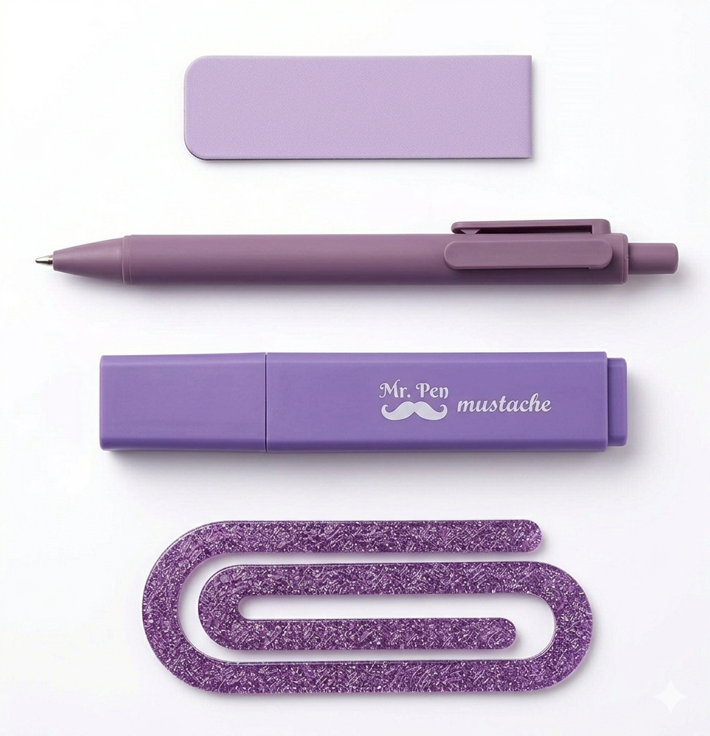 Aesthetic Pastel Stationery Bundle - 4-Piece Minimalist Study Set (Pen, Highlighter, Magnetic Bookmark, Acrylic Paper Clip)