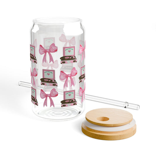 Vinyls And Bows 16oz Glass Tumbler With Lid and Straw