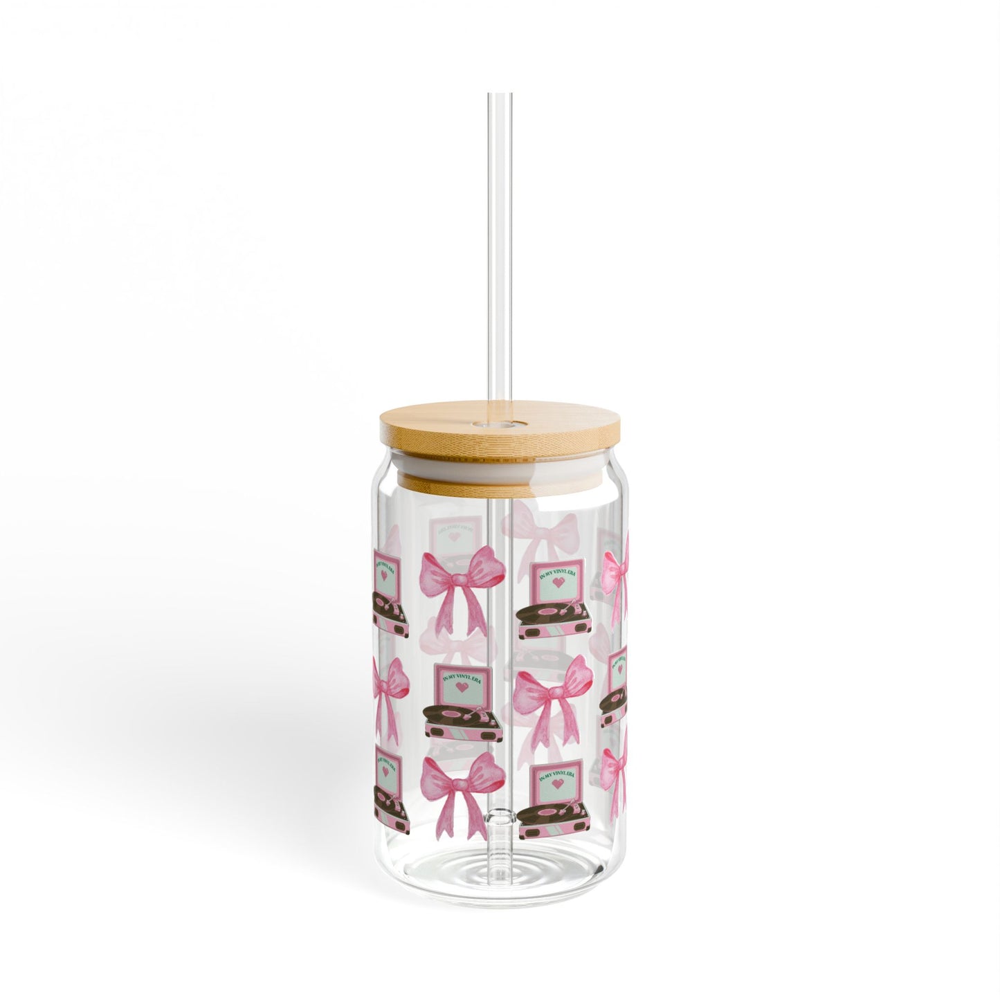 Vinyls And Bows 16oz Glass Tumbler With Lid and Straw