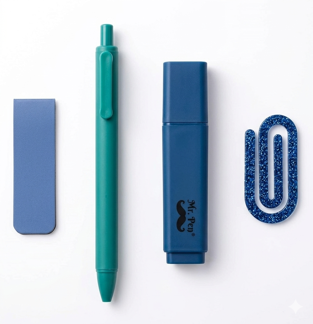 Aesthetic Pastel Stationery Bundle - 4-Piece Minimalist Study Set (Pen, Highlighter, Magnetic Bookmark, Acrylic Paper Clip)
