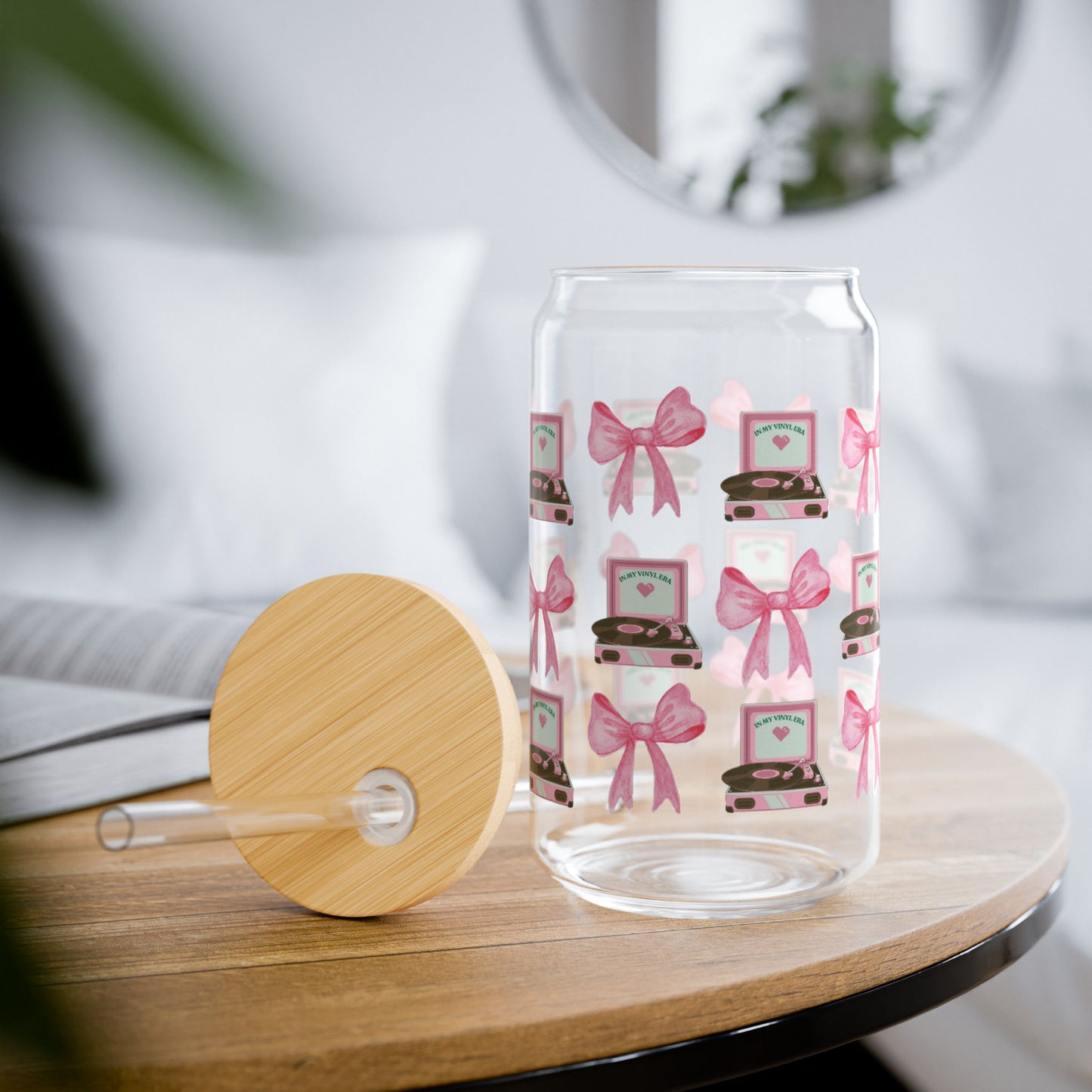 Vinyls And Bows 16oz Glass Tumbler With Lid and Straw